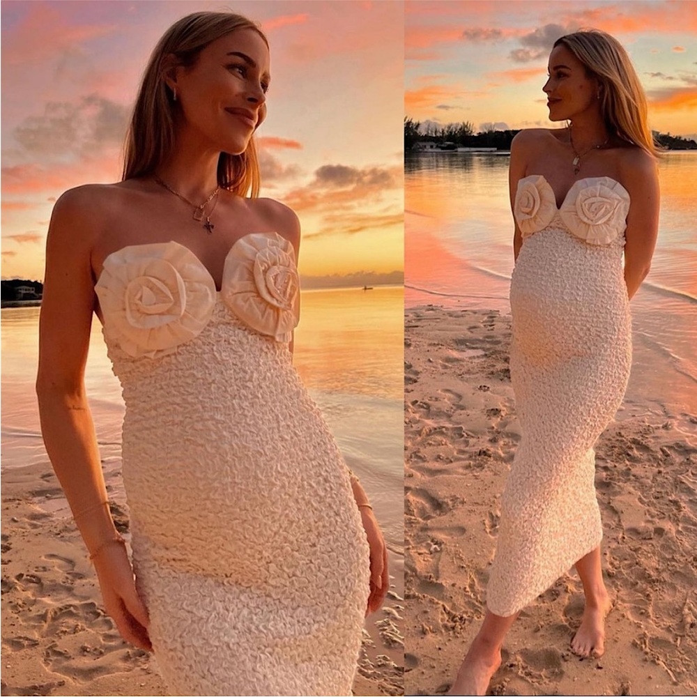 Mara Hoffman Popcorn Dress, cream organic cotton with rosette bust detail